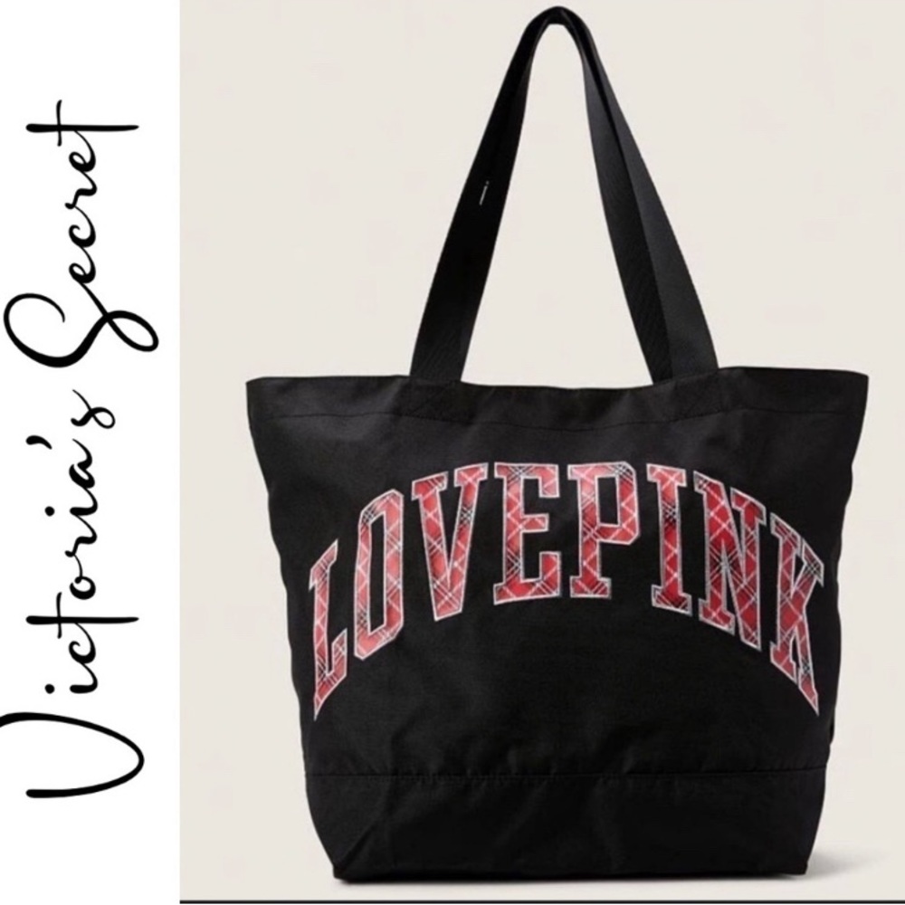 PINK Victoria’s Secret Medium Weekender Tote Bag Plaid Black NEW - Picture 2 of 9